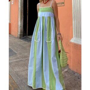 Boho Multicolor Pockets Color Block Cami Maxi Dress